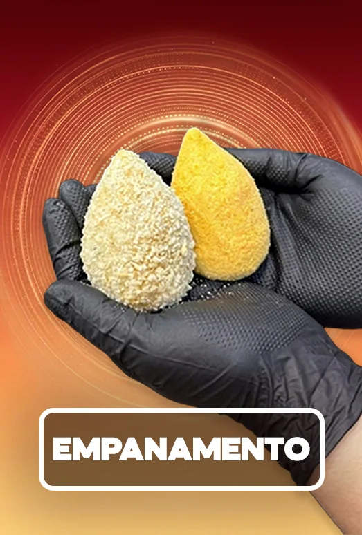 Capa do módulo Empanamento, com duas coxinhas empanadas na mão
